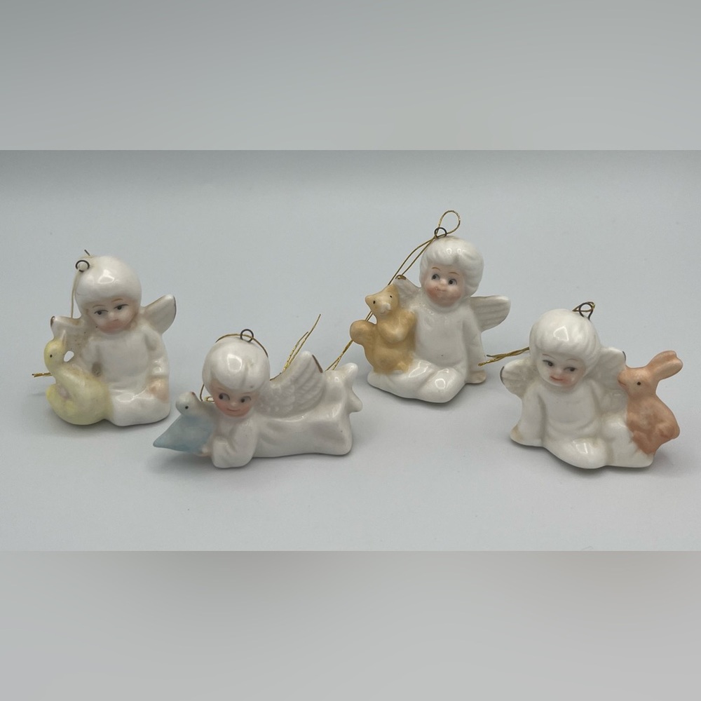 VINTAGE 4 Bone China Angels W/ Animals Ornaments Christmas Around The World